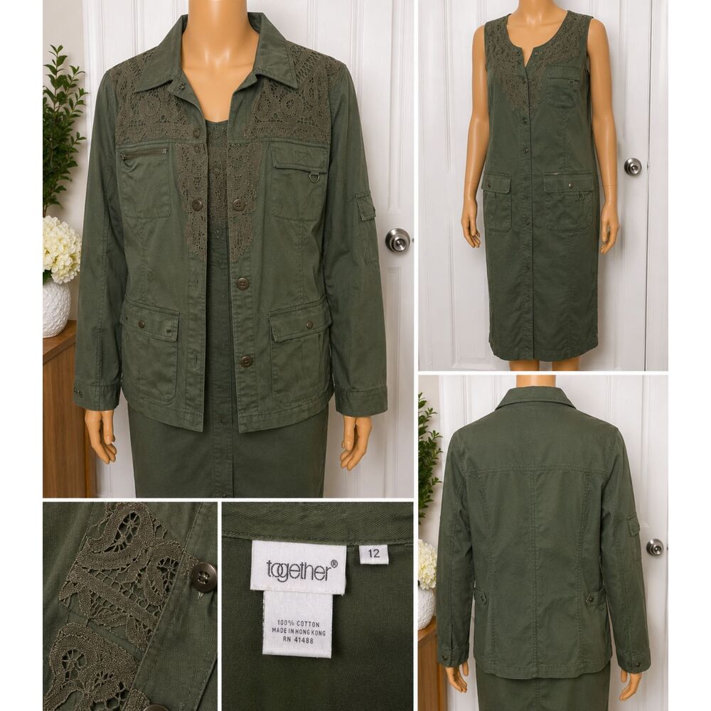 Vintage Y2K Together Olive Green Utility Dress Jacket Set Womens Size 12 Medium